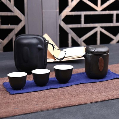 旅行茶具便携式陶瓷快客杯路宝企鹅黑陶一壶三杯户外收纳套装|ms