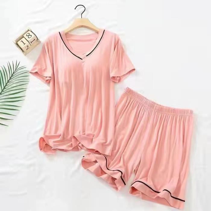 Pijamas de verano Pantalones cortos de manga corta para mujer con almohadilla en el pecho color sólido Delgado dulce suelto desgaste exterior simple traje de desgaste para el hogar