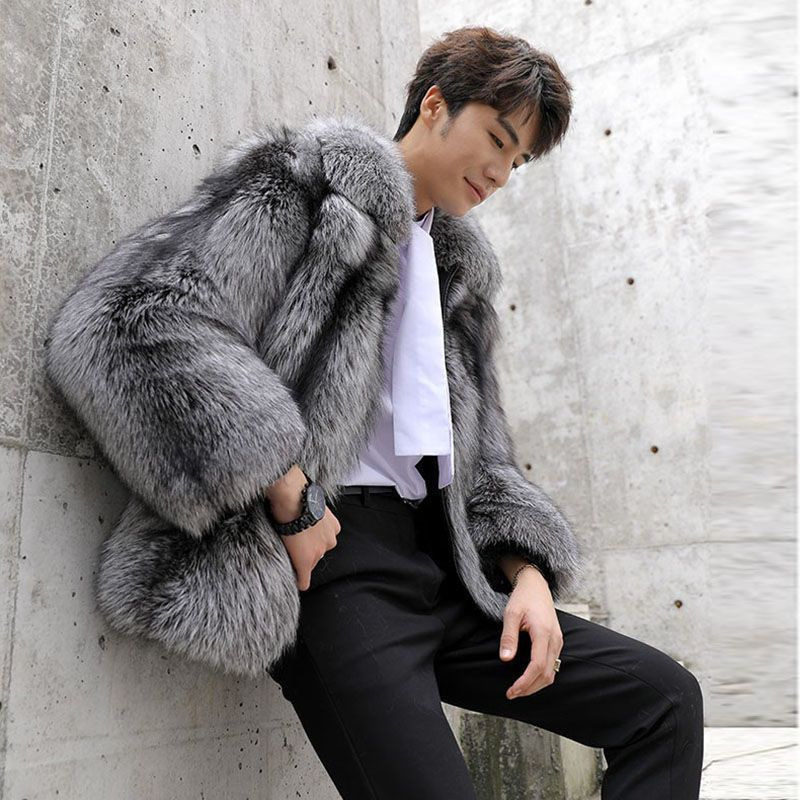 New autumn and winter fur men's coats, fashionable and casual silver fox fur coats, thickened warm lapels, loose large size_voghion.com