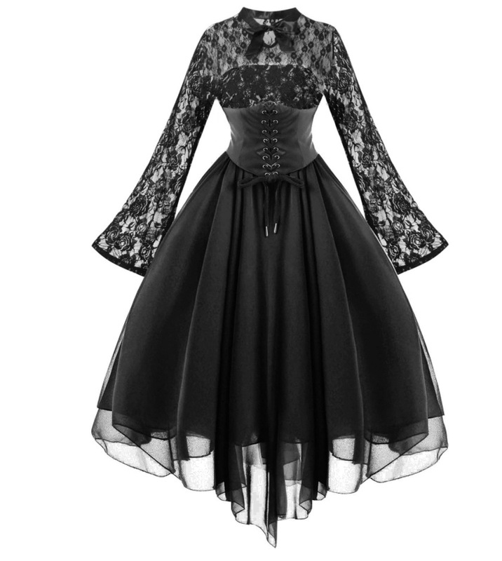 2023 new women's Gothic style sexy dress lace stitching long sleeve bell sleeve chiffon dress court dress