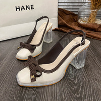 1138-3 Korean style sandals women's head Rhinestone thick heel bow transparent crystal heel Mary Jane high heels