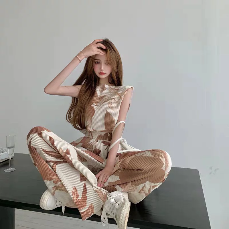 Летний костюм женский дизайнерский плиссированный жилет без рукавов с принтом + повседневные брюки для мытья полов с широкими штанинами, костюм из двух частей ins Fashion