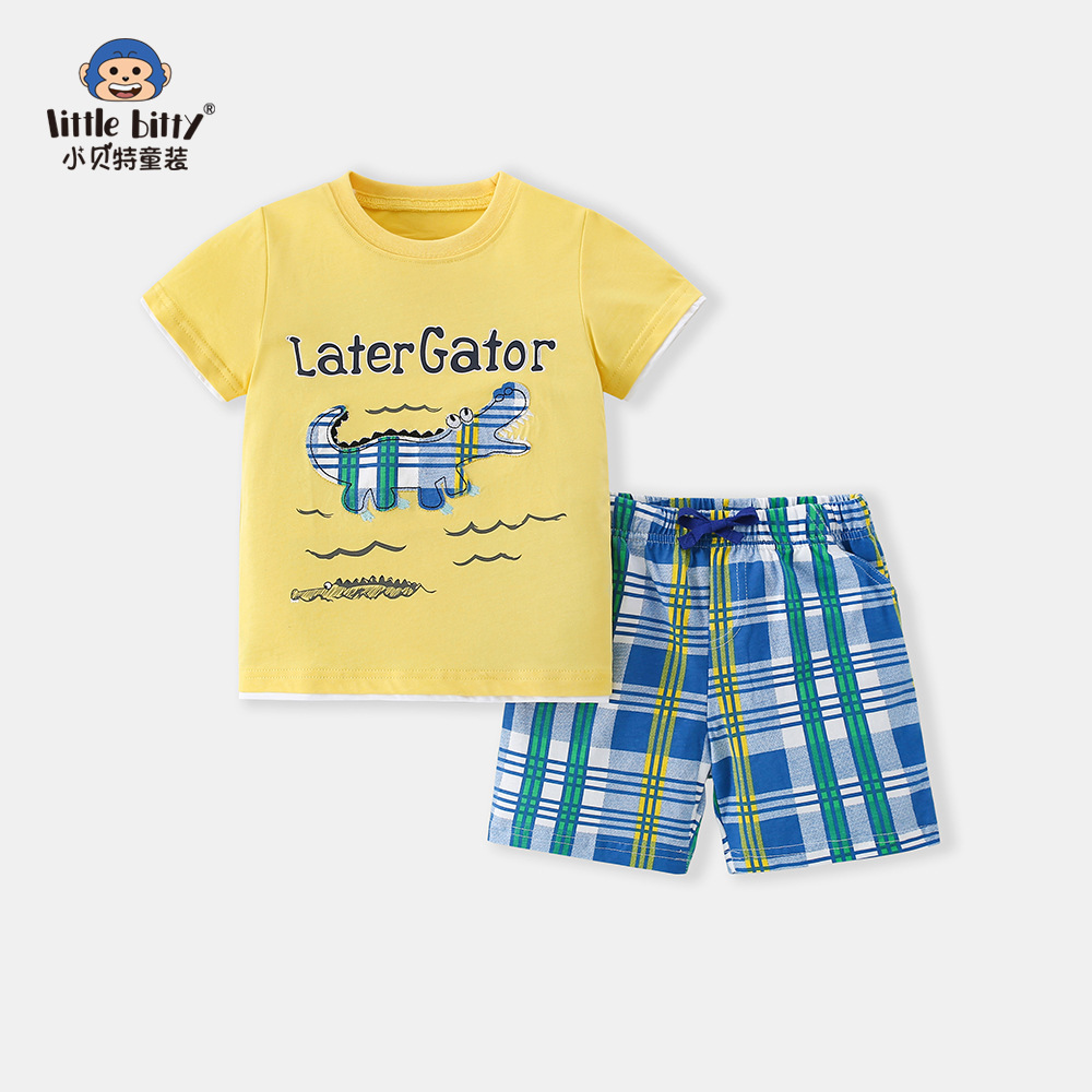 Summer Children's Pure Cotton Boys' Cute Summer Outfit Set Floral Trendy Short-Sleeve T-Shirt and Shorts Two-Piece Fashion Children's Trendy Style