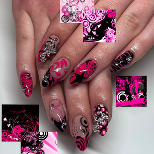 Cross-Border European and American Striped Graffiti Almond Wearable Nails Metal Five-Pointed Star Foreign Trade Style Removable Fake Nails Wholesale