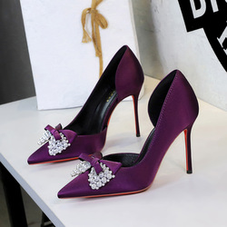 9267-H165 European and American style banquet super high heels women's shoes with pearl embellishment, bow pointed, side empty, thin, single order shoes
