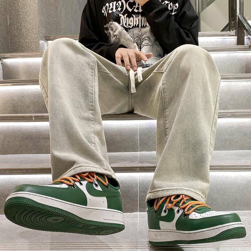 American Style High Street Vintage fleece-lined Yellow Mud Jeans Men's Trousers Loose Student's Straight Pants Trendy Brand Boys' Pants