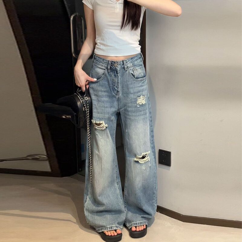 American retro ripped bamboo denim jeans for women, cleanfit loose fit, summer 2026 new straight-leg denim pants