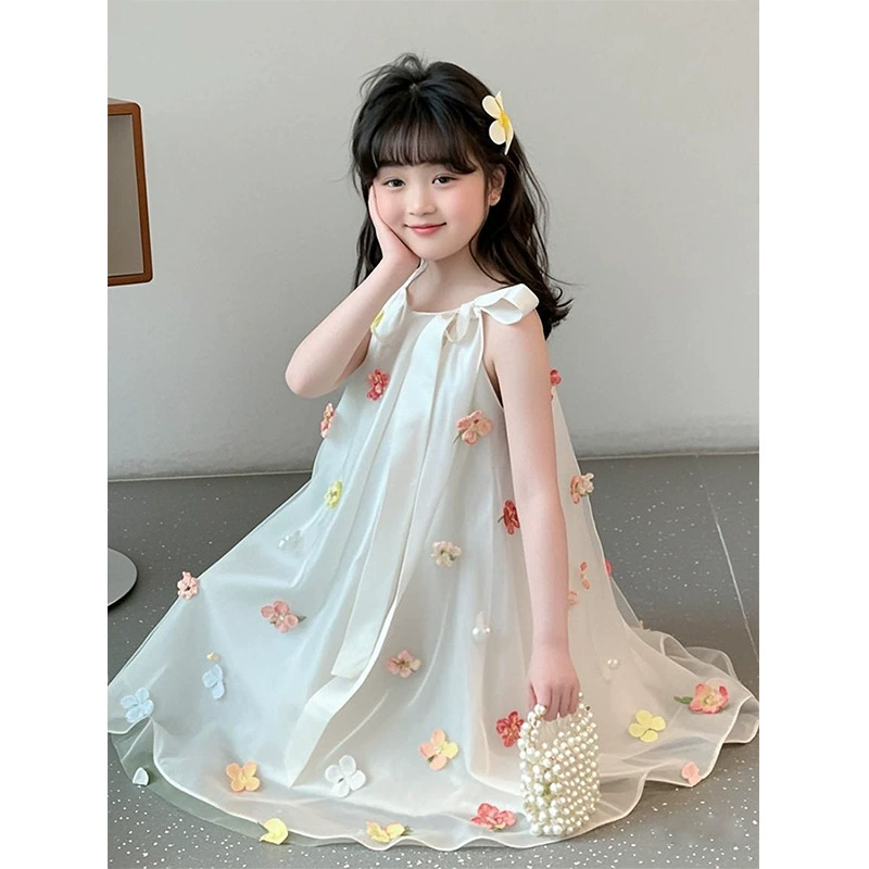 Юбка для девочек, летний стиль, новинка 2025 года, детская одежда, летнее сетчатое платье-жилет для девочек, детское летнее платье