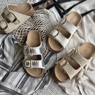 Cowhide Edition ~ Thick-soled Heightened Woven Belt Buckle Burken Shoes Outwear Retro One-word Sandals Women's Beach Slippers
