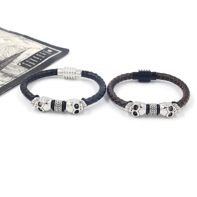 30g Weight Bracelets Classification Punk Skull Alloy Cowhide String Plating Halloween Men'S Bracelets Men Cord & Leather Bracelets