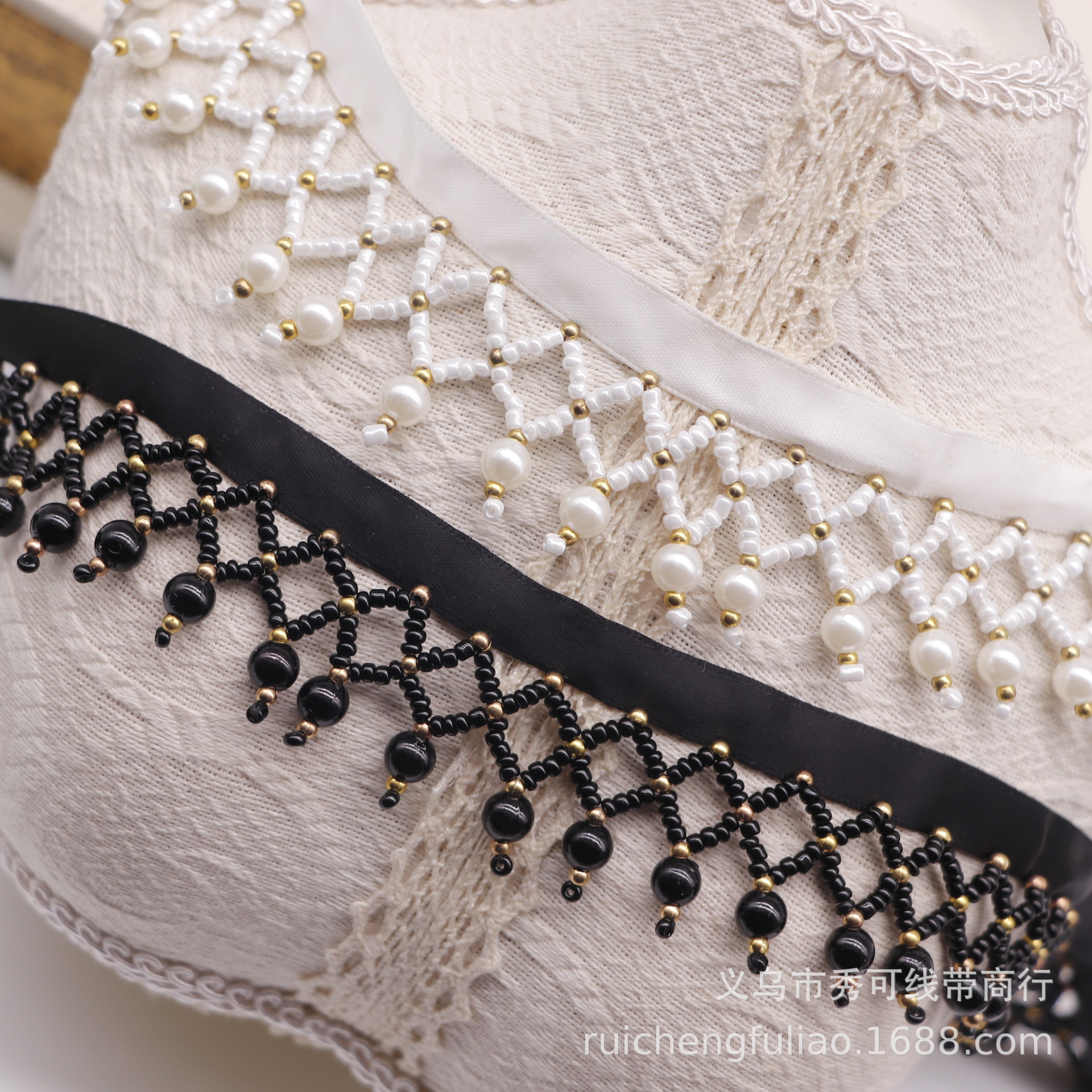 Spot handmade beaded ribbon cross string pearl tassel lace webbing…