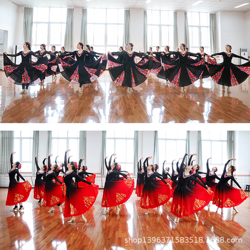 Xinjiang ropa de rendimiento de danza Uygur Hui Arte examen práctica ropa superior hembra adulto bordado cuello en V manga larga