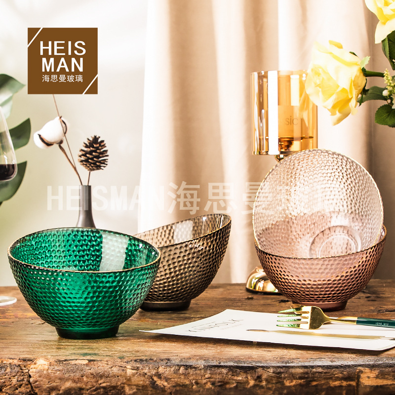 創意金邊斜口玻璃碗錘紋半月沙拉碗家用多功能零食水果盤耐熱碗盤