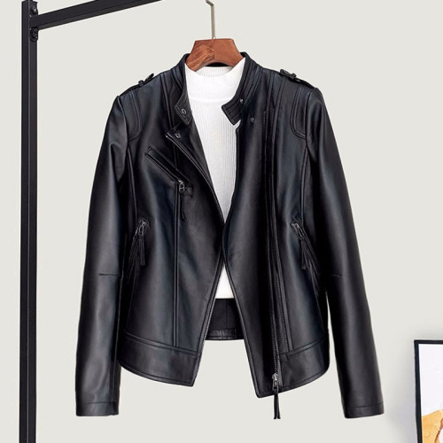 Spring Leather Jacket, Women's Stand Collar Slimming Short Coat, Biker Jacket