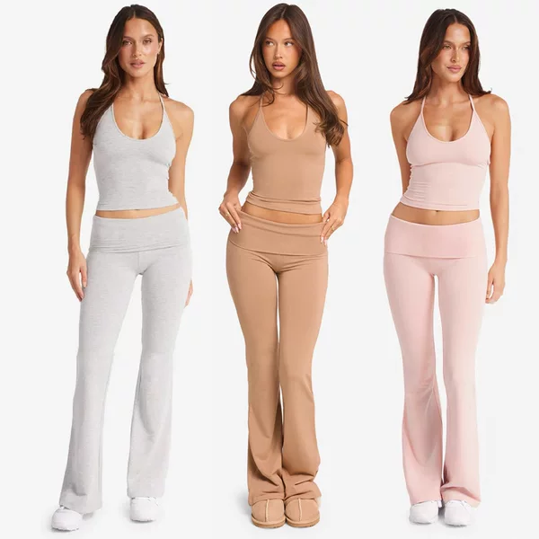 European and American Foreign Trade Cross-Border Yoga Set for Women: Tie-Neck Halter Top, High-Waisted Naked-Feel Quick-Dry Sports Fitness Flared Pants