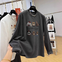 特大码300斤胖妹妹卡通磨毛圆领长袖T恤女秋冬宽松减龄内搭打底衫