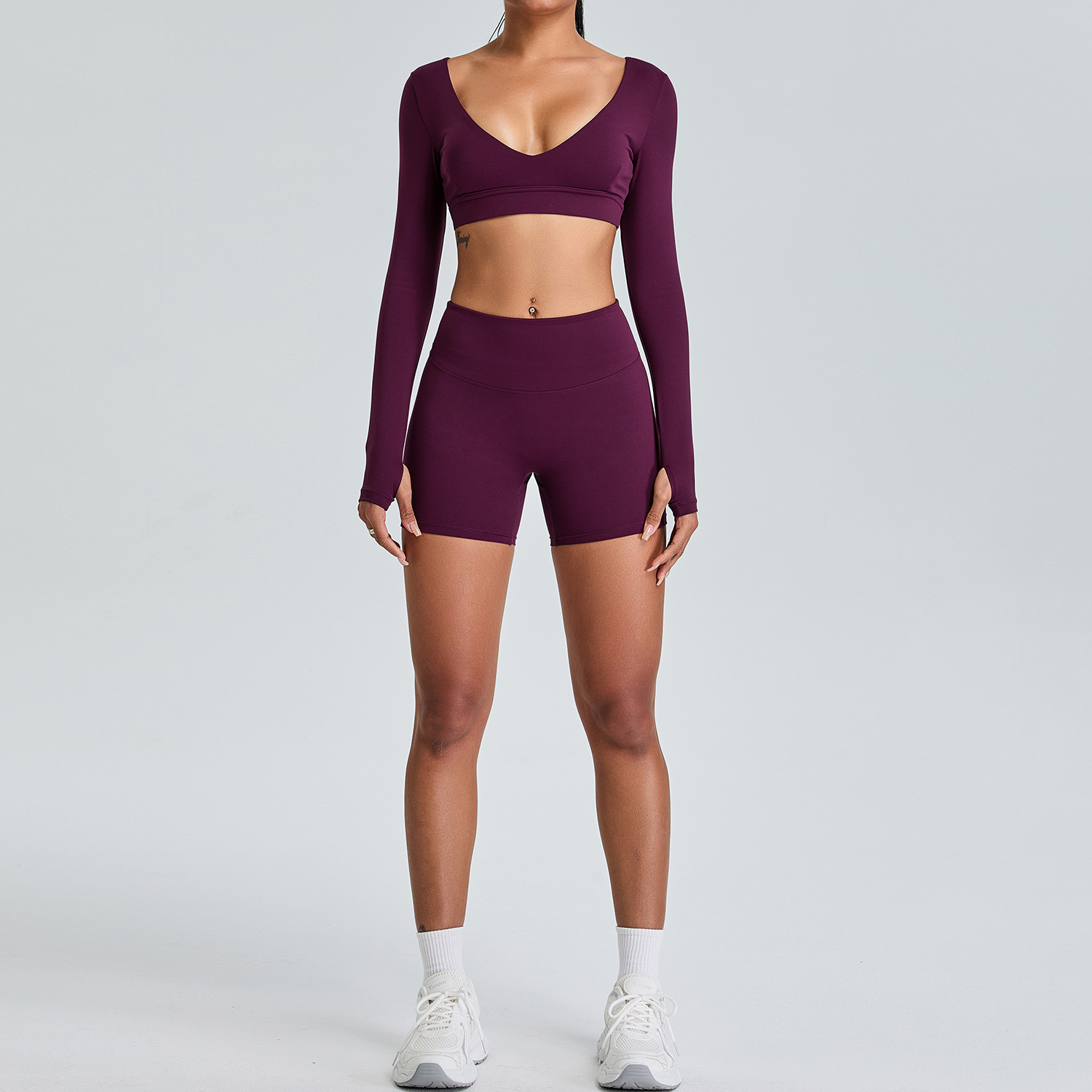 Traje de ropa de yoga de manga larga con cuello en V sexy de nuevo estilo transfronterizo, ropa deportiva de alta gama para mujeres, ropa deportiva de levantamiento de cadera de melocotón
