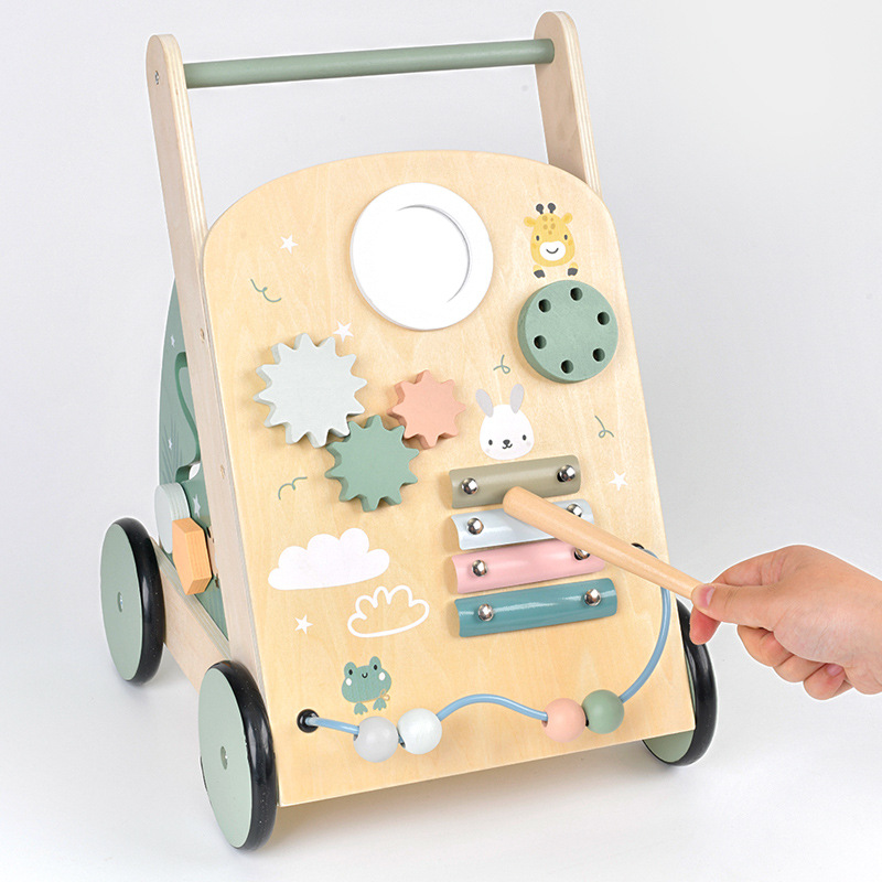Niños pequeños tocan piano de madera alrededor de cuentas engranaje multifuncional bebé niño pequeño carrito de compras rompecabezas juguetes de juego de la casa