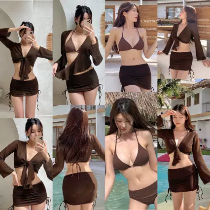 韩国显白长袖显瘦防晒泳衣温泉沙滩分体比基尼四件套性感游泳衣