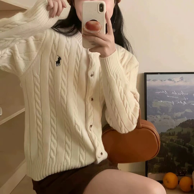 2025 New Women's Autumn and Winter Korean-Style Cable Knit Cardigan with a High-End Feel, Age-Reducing Sweater, Fashionable Versatile Round-Neck Knit Cardigan