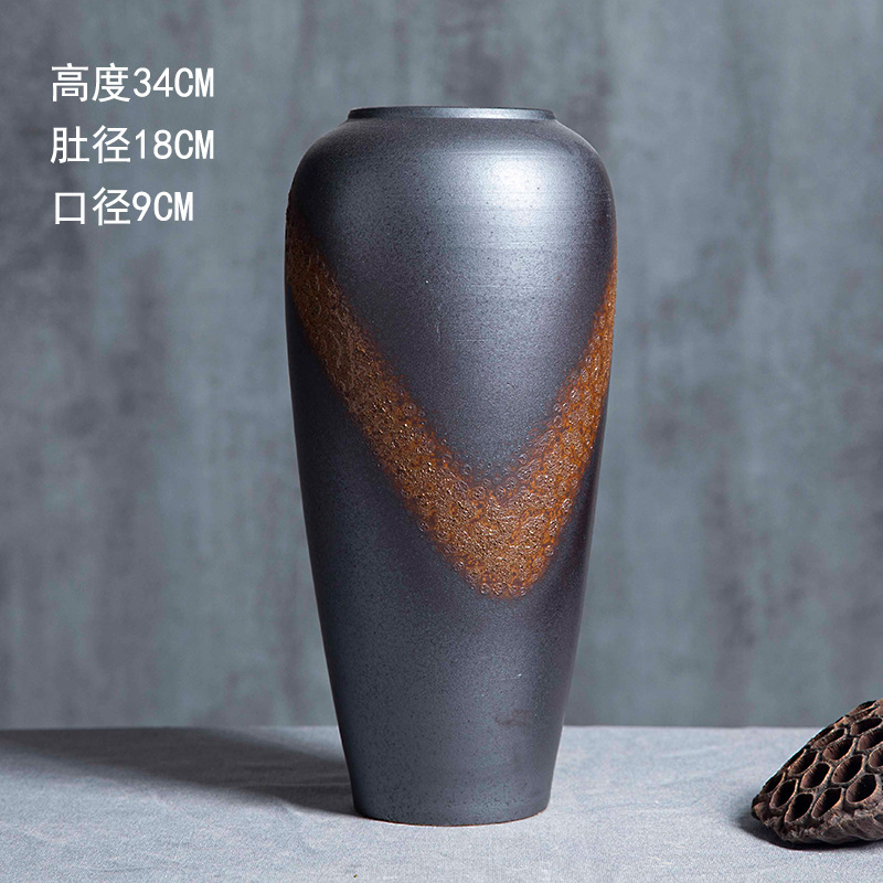 景徳鎮の陶磁器の花瓶の置物の客間の生け花の新しい中国式の玄関の装飾品の花器の復古の太い陶缶の植木鉢|undefined
