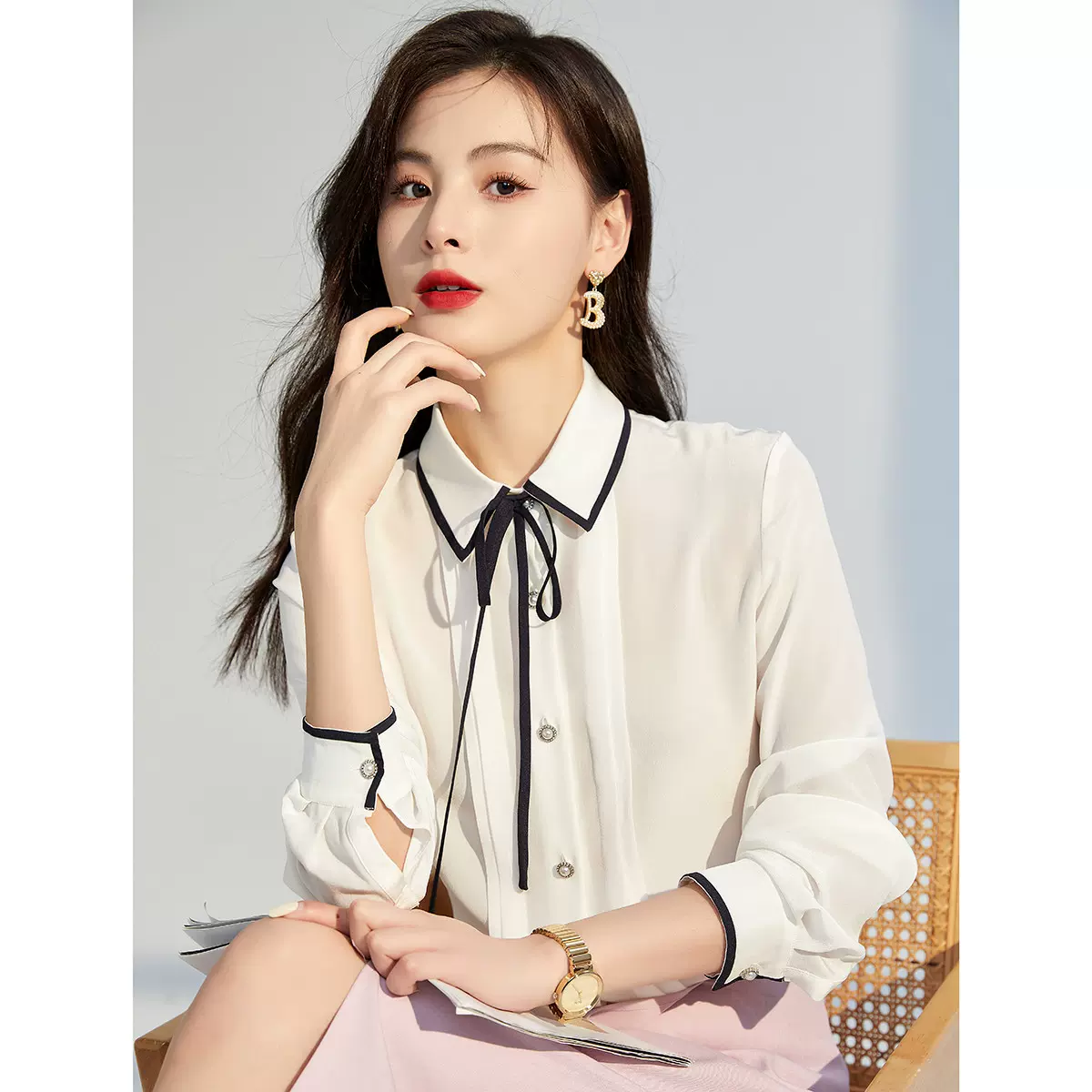 真丝衬衫女2025春夏蝴蝶系带OL气质长袖18姆米双绉100%桑蚕丝上衣