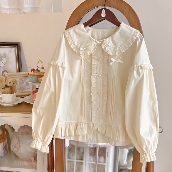 Sweet and Cute Bow Lace Doll Collar Long-Sleeved Shirt Women's Early Autumn New Versatile Loose Shirt Top