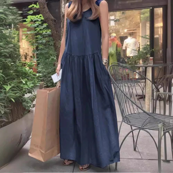 summer solid long vest with a round collar sleevless