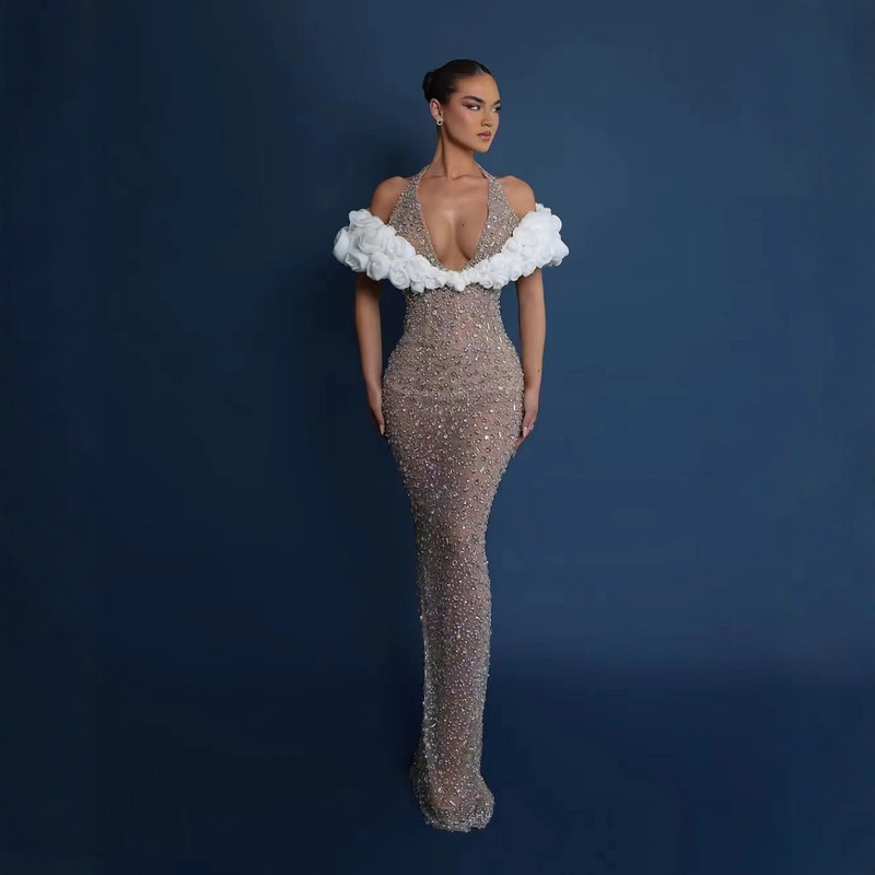 European and American Foreign Trade Fashion Neck-hanging Shoulder Slim-fit Hip Sleeveless Diamond-encrusted Long Hip Celebrity Elegant Evening Dress