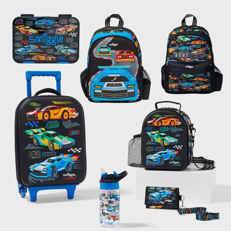 Australia smiggle coche escolares mochila de hombro reductor de presión, mochila infantil, caja de tracción, bolsa de comidas, taza de agua, caja de comidas
