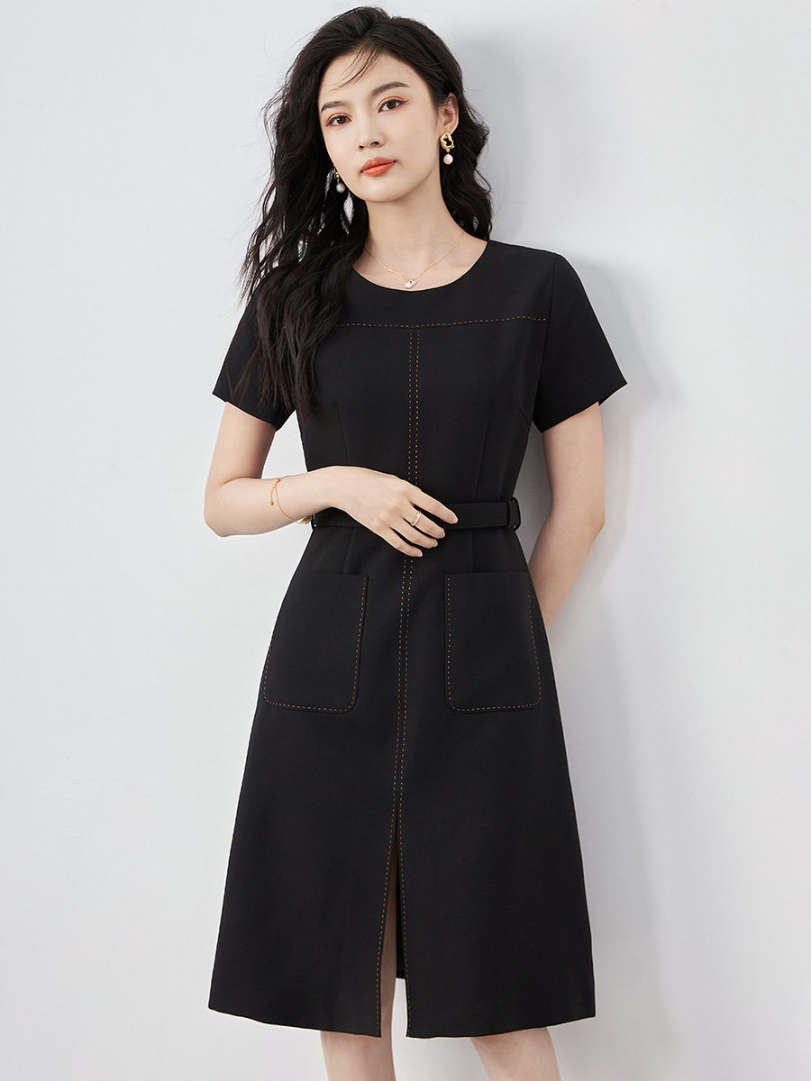 Đầm suông nữ midi che khuyết điểm eo, phong cách đi làm — Màu đen