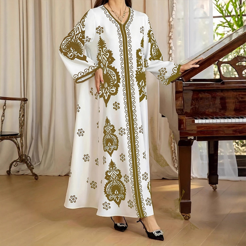 Women's Long Robe, Turkish and Indonesian Travel Style, Gold-Stamped Long Gown, Elegant and Graceful