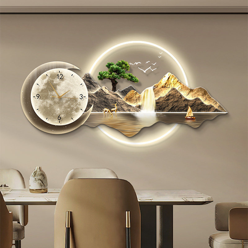 Decoración del comedor Reloj Reloj silencioso Reloj colgante Luz lujoso Pintura de lujo de alto nivel Pintura luminosa del comedor Pintura colgante Pintura mural de paisaje