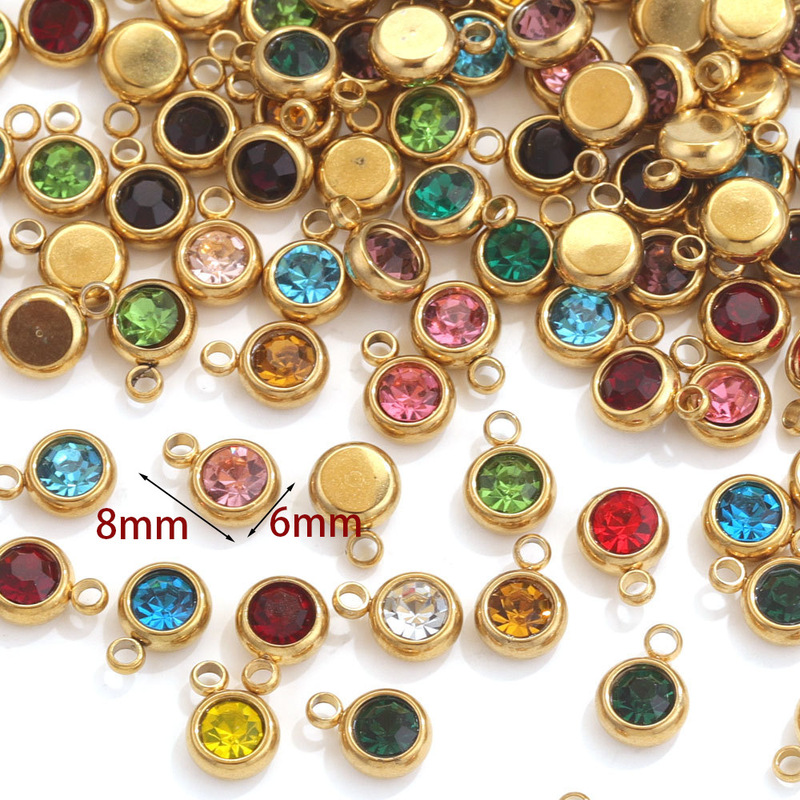 Cross-Border Hot Selling Stainless Steel 6mm Golden Birthstone Lucky Birthday Stone Pendant Necklace Bracelet DIY Jewelry Accessories