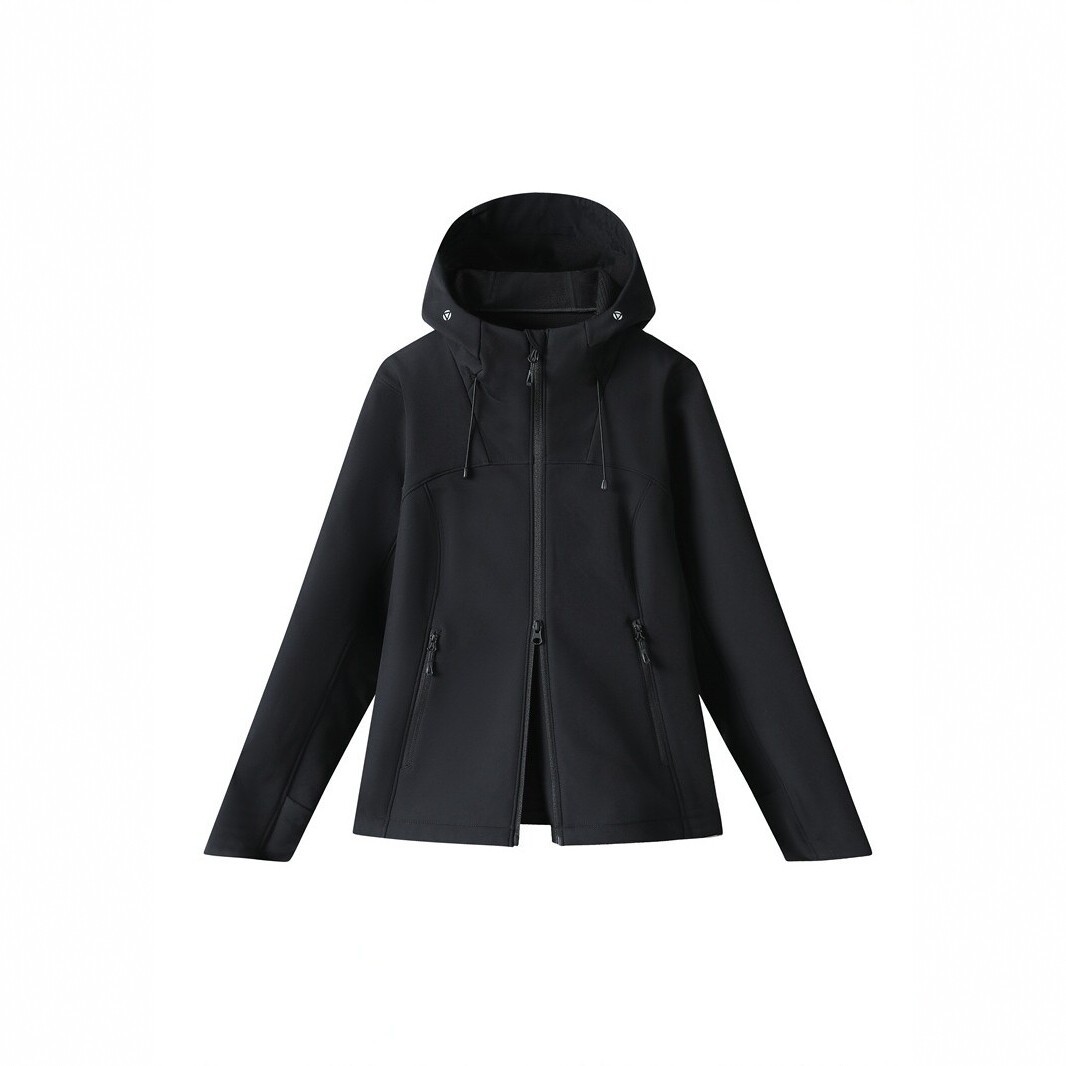 Outdoor softshell jacket for women, hooded, windproof, waterproof, breathable, suitable for spring and autumn, athletic, and hiking, slim-fit design