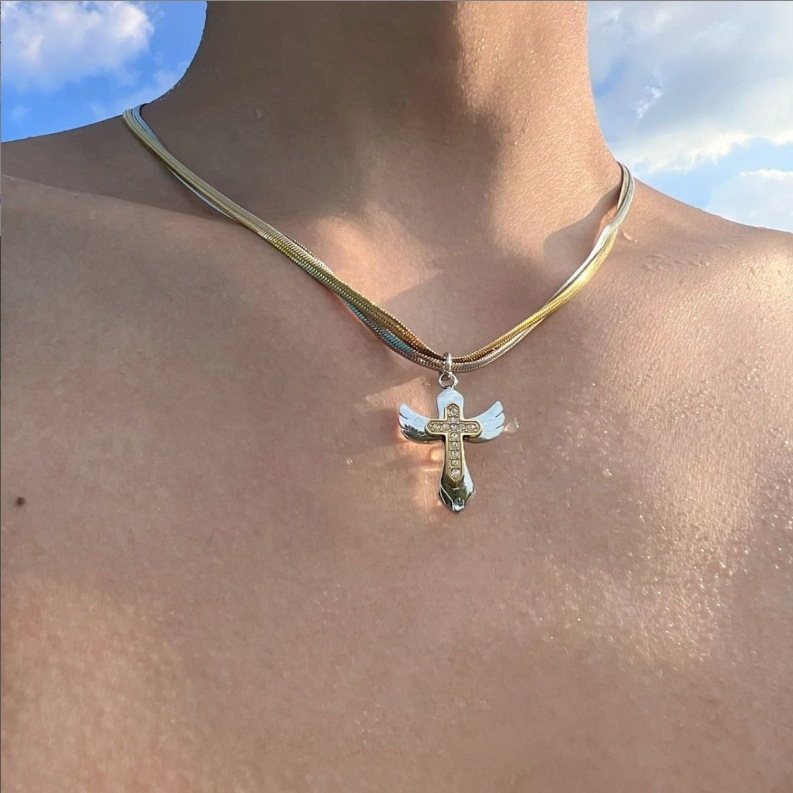 Redemption Wings Gold Double-Layer Cross Hip-Hop Niche High-End Titanium Steel Non-Fading Light Luxury Trendy Handsome Necklace for Men