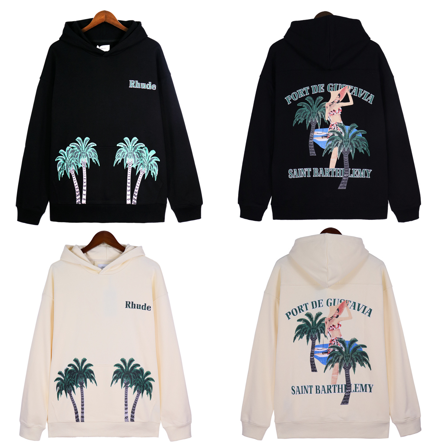 남성용 고중량 아름다운 트렌디 Rhude 코코넛 비치 뷰티 프린트 테리 루즈 캐주얼 후드티 스웨트셔츠