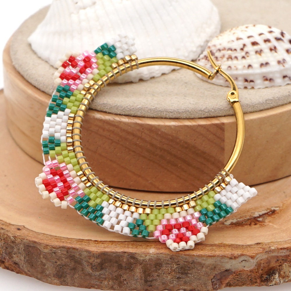 Ethnic Style Miyuki Rice Beads Hand-woven Fashion Rose Flower Hoop Earrings display picture 1