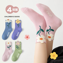 儿童袜子秋冬新款春日花花纯色字母甜蜜可爱女童宝宝个性中筒棉袜