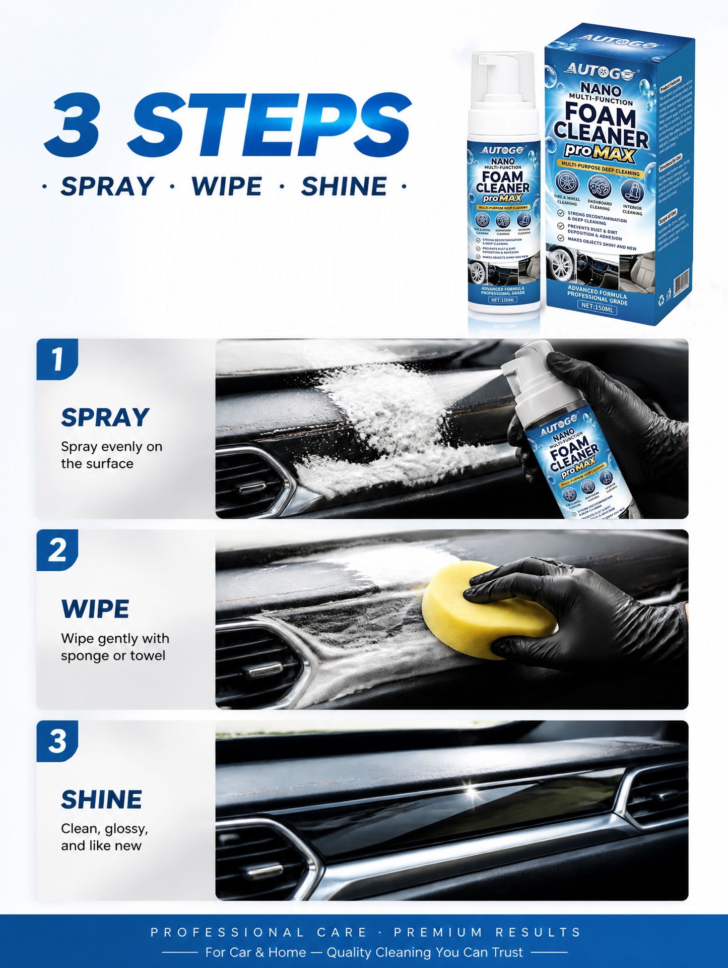 AUTOGO Multifunctional Foam Cleaner for car interior leather cleaning, stain removal, renovation, daily maintenance, and shine enhancement