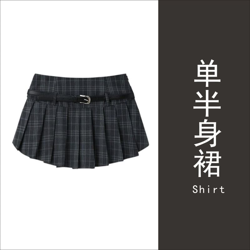 学院风辣妹修身显瘦polo领短袖T恤女夏季新款格纹a字百褶短裙套装|undefined