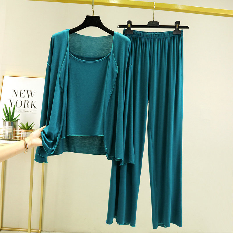 Primavera y verano pijamas rojos en línea pantalones modales de manga larga de tres piezas para mujer ropa para el hogar al aire libre casual se puede usar traje exterior