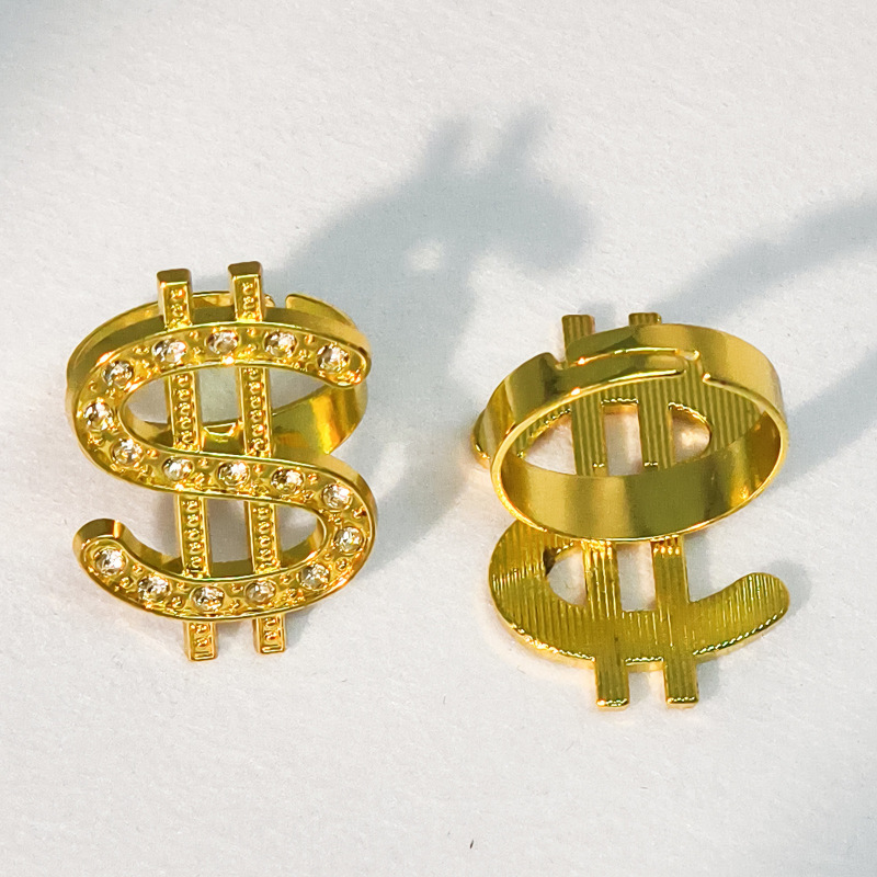复古朋克美金符号戒指合金镶钻夸张个性潮流时尚开口指环饰品批发|undefined