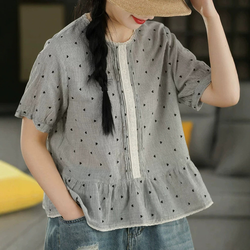 Embroidered Fine Striped Short-Sleeve Shirt 2026 Artistic Mori Girl Style Heart Lace Patchwork Youthful Versatile Doll Shirt for Women