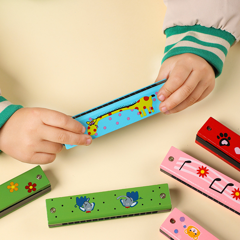 Oferta especial armónica de madera para niños de 16 puertos y doble fila Instrumento musical de iluminación para niños Juguetes de armónica de madera para la enseñanza de los estudiantes