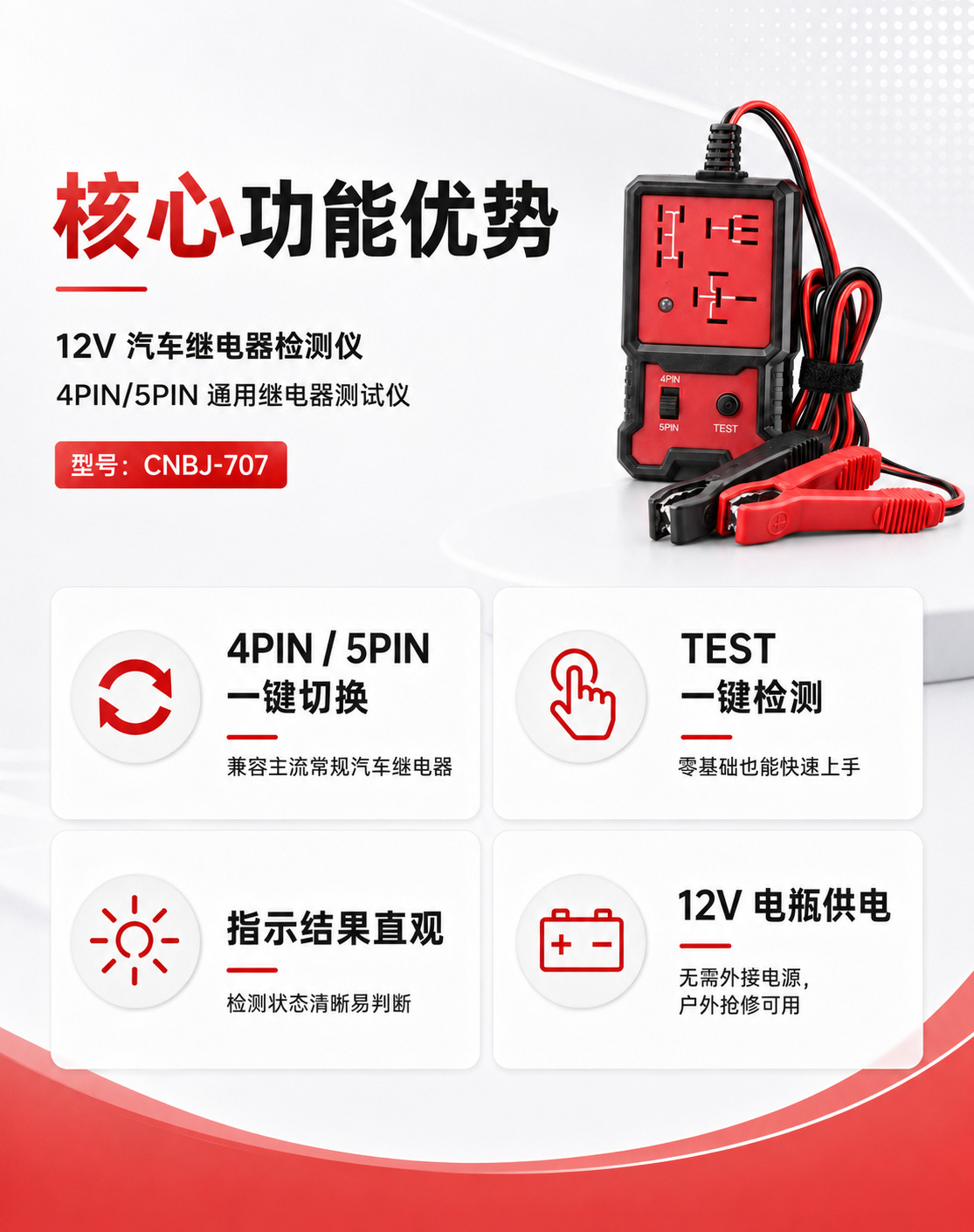 Automotive relay tester, 4-pin and 5-pin universal 12V auto repair circuit fault testing instrument, available for wholesale