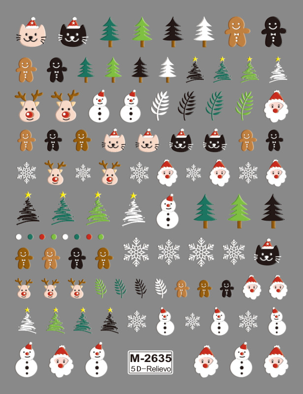 最新のクリスマスレリーフシリーズ爪貼り5D立体レリーフサンタクロースクリスマスツリークリスマス動物ネイルアート|undefined