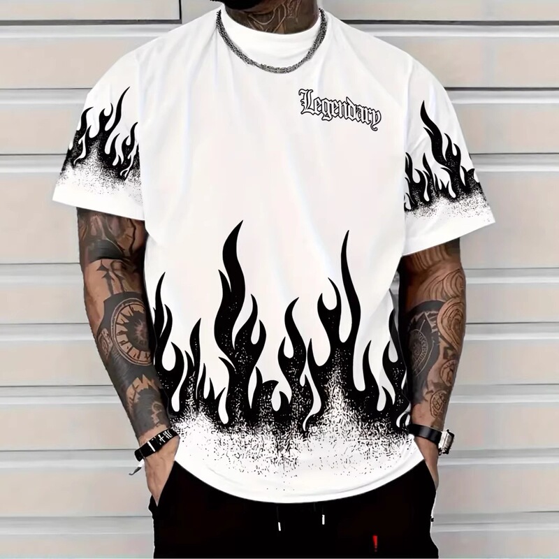 Men's Trendy Gothic Style Flame Number 96 Print Short Sleeve T-Shirt Suitable for Friend Gatherings and Daily Casual Wear Men's Trendy Gothic Style Flame Number 96 Print Short Sleeve T-Shirt Suitable for Friend Gatherings and Daily Casual Wear