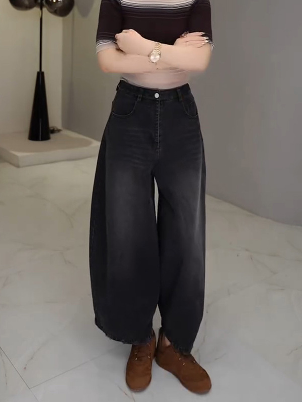 牛仔裤女士2025年早秋新款爆款裤子显瘦九分裤高腰弯刀阔腿裤黑色|undefined