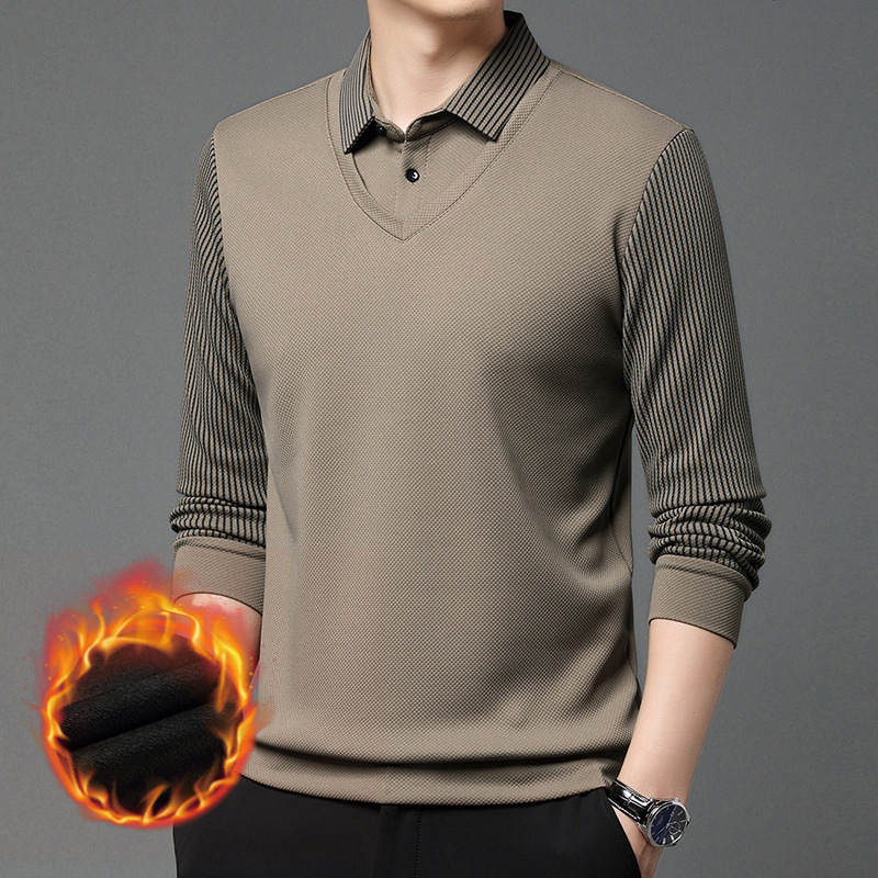 POLO Shirt Men's Autumn and Winter Casual Fake Two-piece Long-sleeved T-shirt fleece-lined Thickened Warm Fashionable Base Shirt Top POLO Shirt Men's Autumn and Winter Casual Fake Two-piece Long-sleeved T-shirt fleece-lined Thickened Warm Fashionable Base Shirt Top